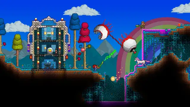 The player character fighting a monster in Terraria