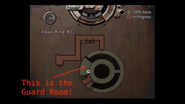 A map of the Aqua Ring in Resident Evil (2002). The Guard Room is highlighted with an arrow.