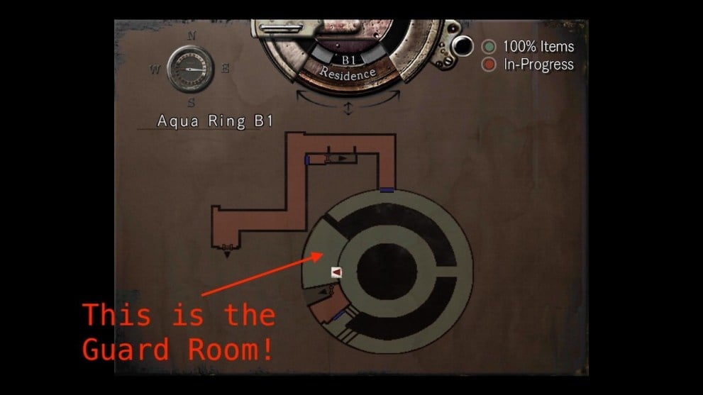 A map of the Aqua Ring in Resident Evil (2002). The Guard Room is highlighted with an arrow.