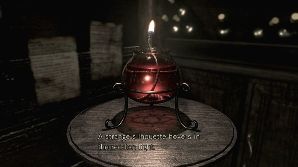 The red oil lamp, as seen in Resident Evil (2002). While lit, an eye icon can be seen below.