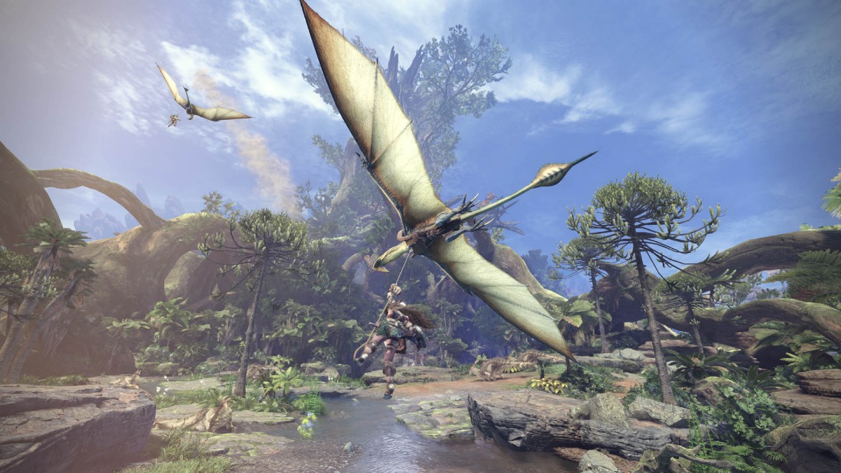 The player character swinging on a dragon in Monster hunter World.
