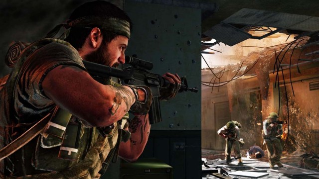 Character with gun wearing a bandana hides behind a corner from 2 enemies in Call of Duty Black Ops