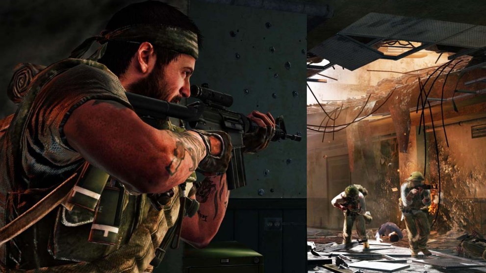 Character with gun wearing a bandana hides behind a corner from 2 enemies in Call of Duty Black Ops