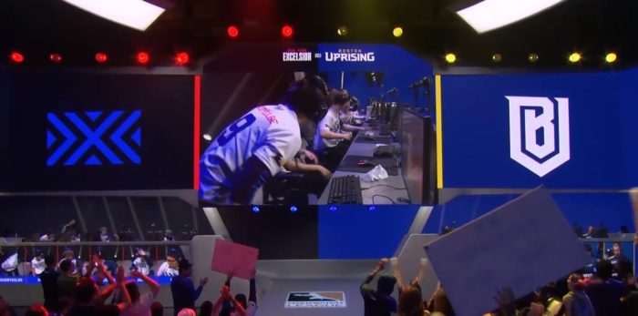 New York Excelsior Teammates congratulating each other after winning Map One against Boston Uprising in the Overwatch League Stage 3 Finals