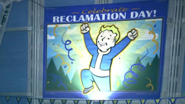 Fallout 76: A banner hanging in Vault 76 that reads "Celebrate Reclamation Day" with a celebrating Vault Boy.