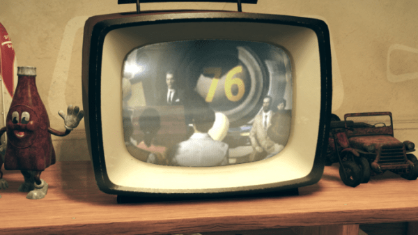 Fallout 76: A TV showing Vault 76 during a press conference