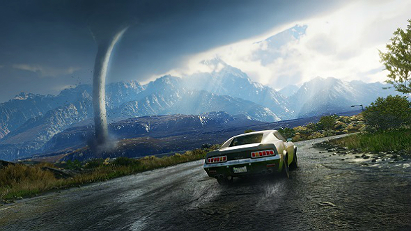 Just Cause 4 Screenshot, showing Rico driving towards a Tornado.