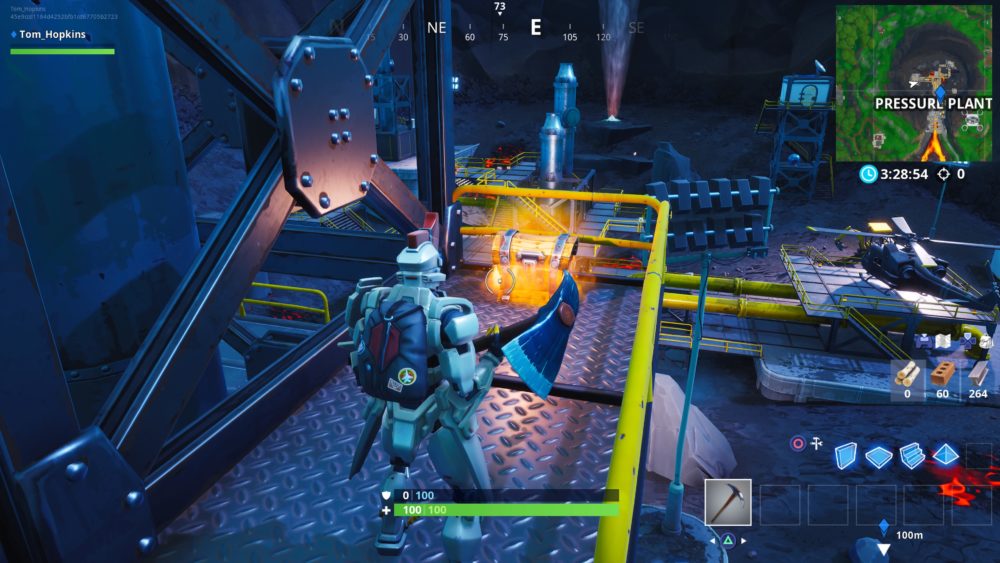 in the little closed off area with two jcbs and some pipes inside there s a chest hidden behind some wood - pressure plant fortnite season 9