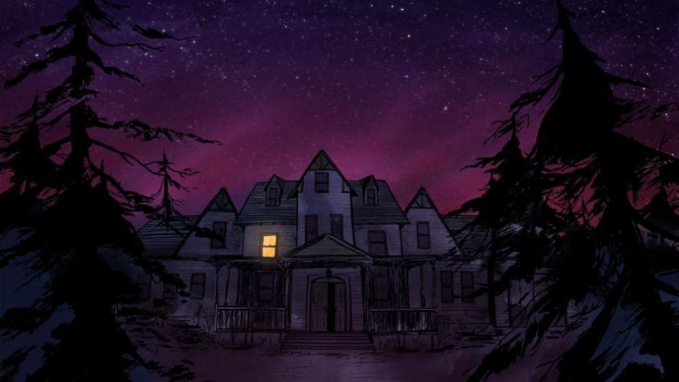 A large wooden house sits in a forest clearing on a dark night, with all but one light out.   The sky is illuminated by stars and the blue-purple hue of a clear night. 