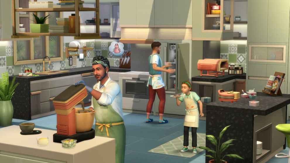 Sim rodina vaří v Sims 4.