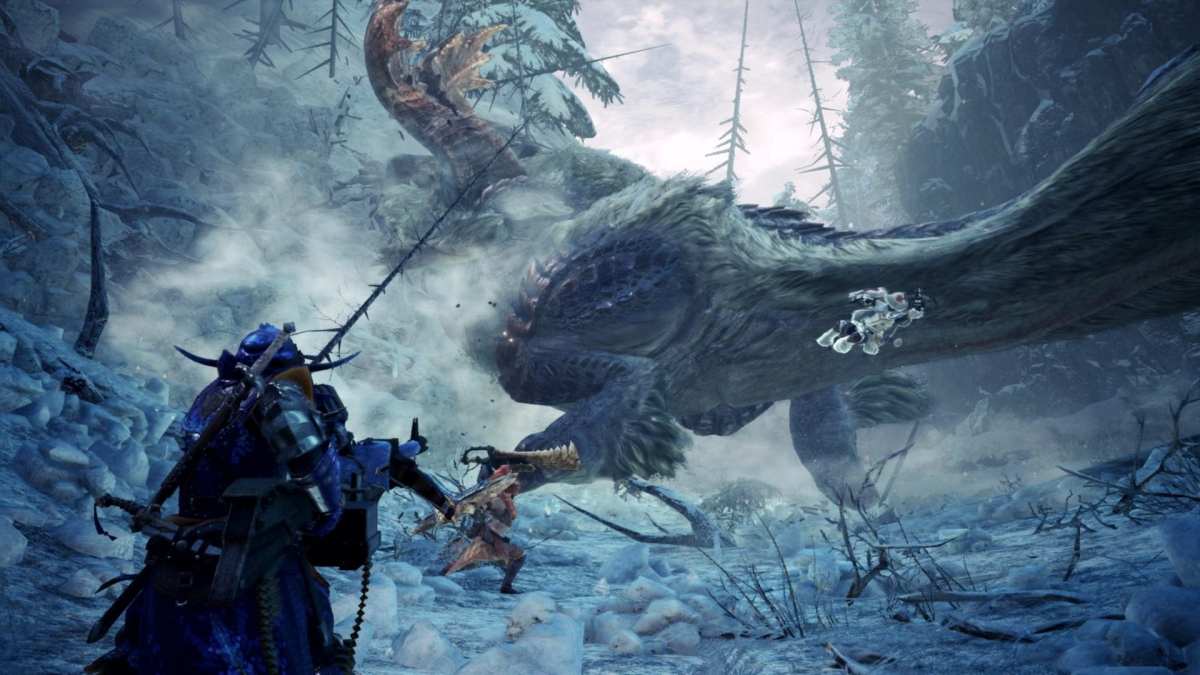 The player character facing off against an Iceborne Dragon in Monster Hunter World