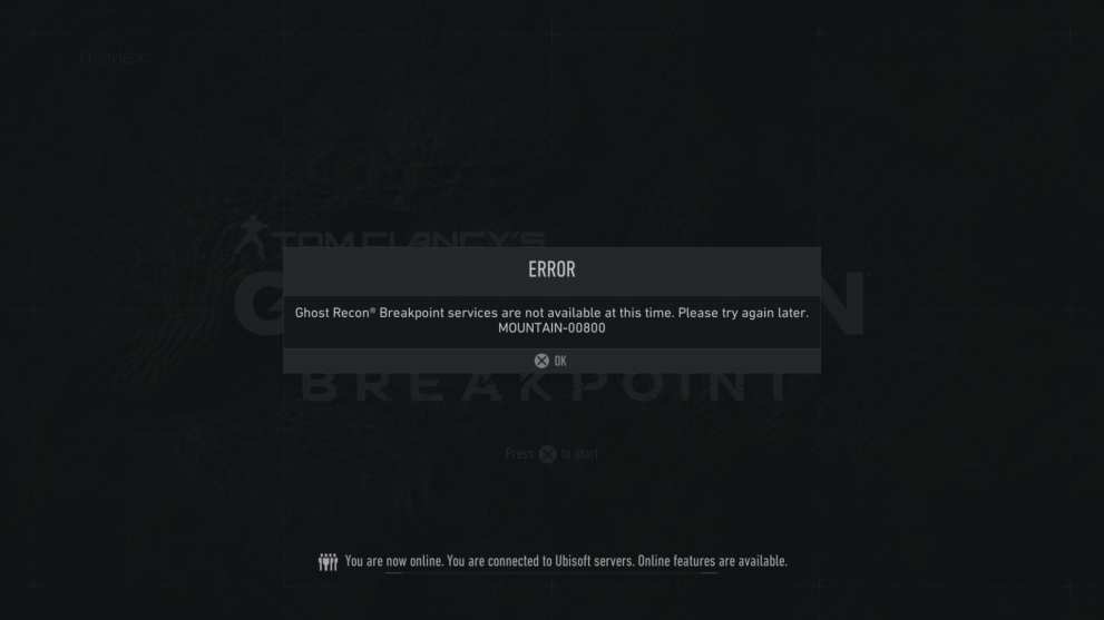 Ghost Recon Breakpoint Mountain 00800 error code