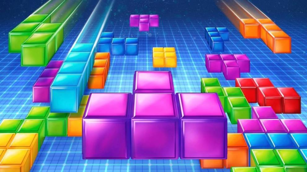 A promotional piece of artwork for the Tetris video game series. It shows many coloured geometric shapes, called tetrominoes, falling.