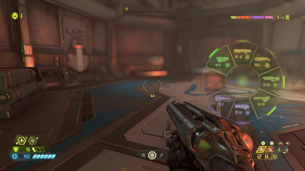 The Doomslayer is seen from a first-person perspective.   Holding a double-barrelled shotgun, and looking a ta weapon-wheel indicating all available weapons.   The player-character is standing in the middle of a lowly-lit futuristic room.