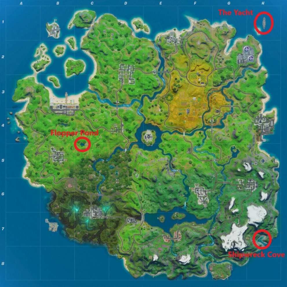 Fortnite Shipwreck Cove location, Fortnite Flopper Pond location, Fortnite Yacht location