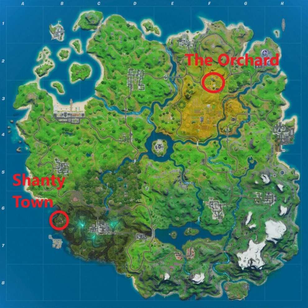 Fortnite orchard, fortnite shanty town, fortnite apply shields shanty town