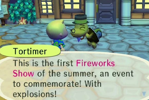 tortimer, fireworks show, animal crossing