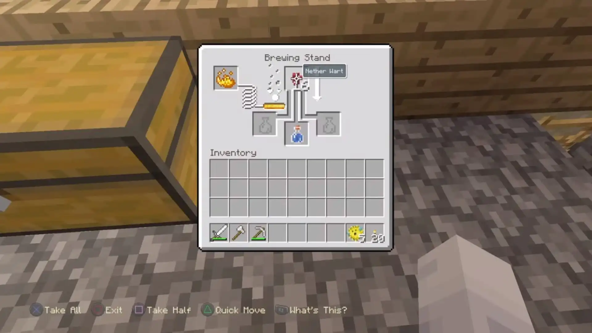 adding the ingredients in the brewing stand to make a breathing water potion in minecraft