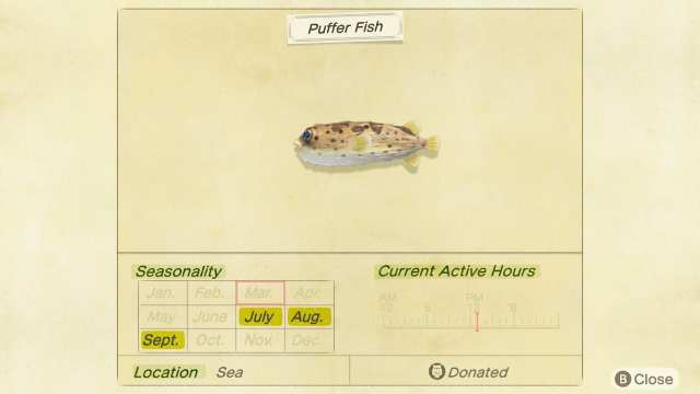 puffer fish animal crossing new horizons