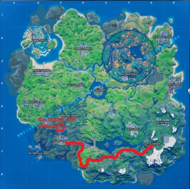 fortnite week 5 challenges, drive from slurpy swamp to catty corner in less than 4 minutes