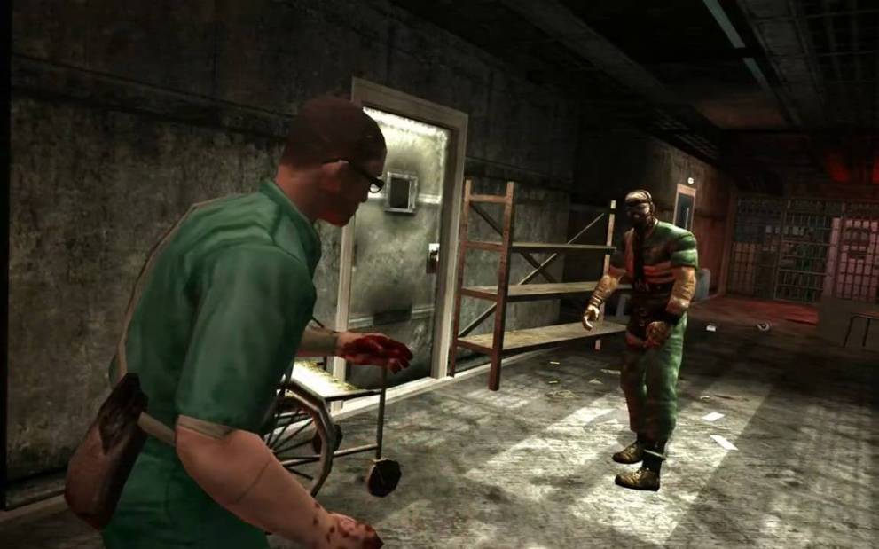 A glasses-wearing man in a green jumpsuit backs away from an imposing figure in a similar outfit and mask with leather straps.  They appears to be trapped in a locked-down secure facility, from the cell gratings on the far wall.