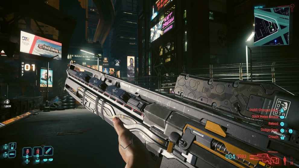 V holding gun in Cyberpunk 2077