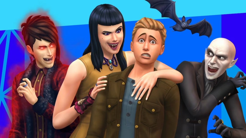Promotional image for the Sims 4 'vampire Game Pack', showing three vampire figures crowding arounda  scared looking human character.