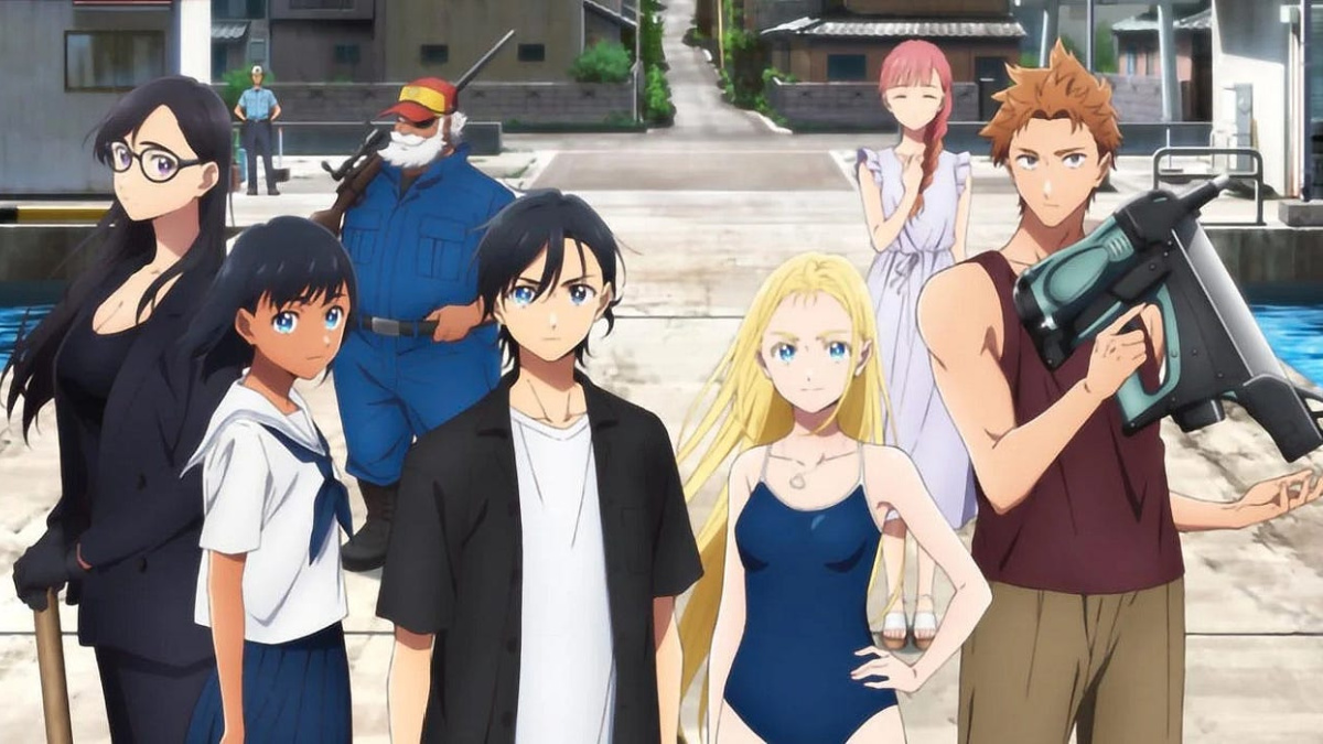 Main Characters Standing Together on Dock in Summer Time Rendering (Summer Time Rendering Main Characters Standing Together on Dock (Best Anime You Can Watch on Hulu)