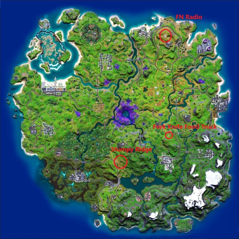 fortnite plant saplings locations, fork knife food truck, fn radio, stumpy ridge