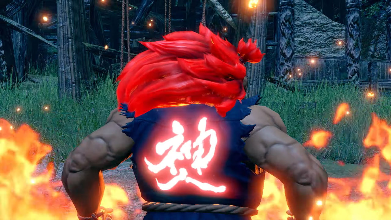 Akuma from Street Fighter 5 with his back turned and a bright kanji on his back
