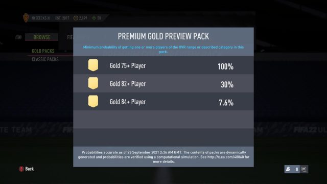 fifa 22 ultimate team pack probability