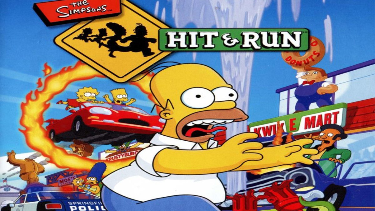 Homer runs in the middle of the image while Bart and Lisa in a car jump through a hoop of fire