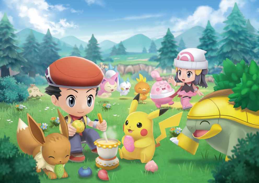 A male Pokemon trainer sits by a pot, cooking food with their pocket monsters beside them - adding fruit to the mixture.  A female trainer is in the background, walking through the clearing followed by an assortment of Pokemon.