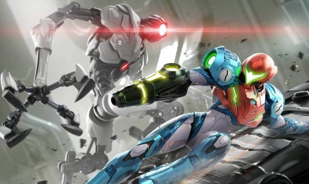 Metroid video game series protagonist Samus Aran sliding out of the way from an attacking E.M.M.I robot.