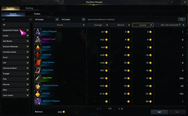 An image of items for sale in Lost Ark's auction house
