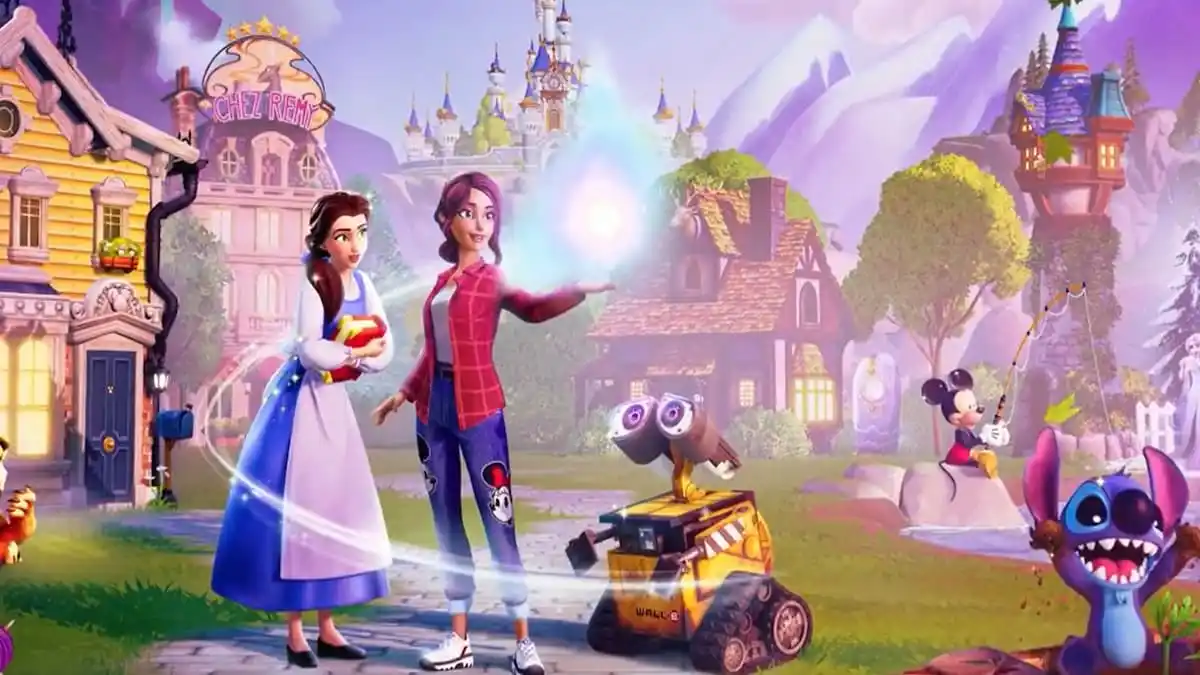 Disney dreamlight valley with belle, the game's main character, wall-e, mickey and stitch with rapunzel's tower, cinderella's castle and chez remy in the background