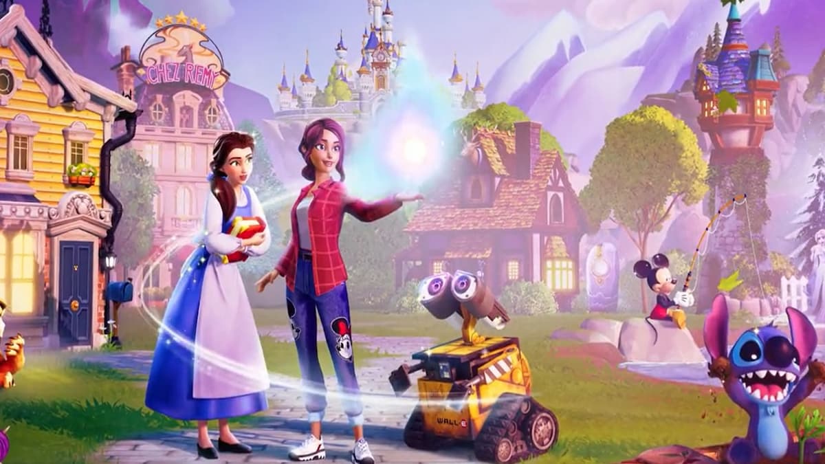 disney dreamlight valley featuring belle, the game's main character, wall-e, mickey, and stitch with rapunzel's tower, cinderella's castle, and chez remy in the background