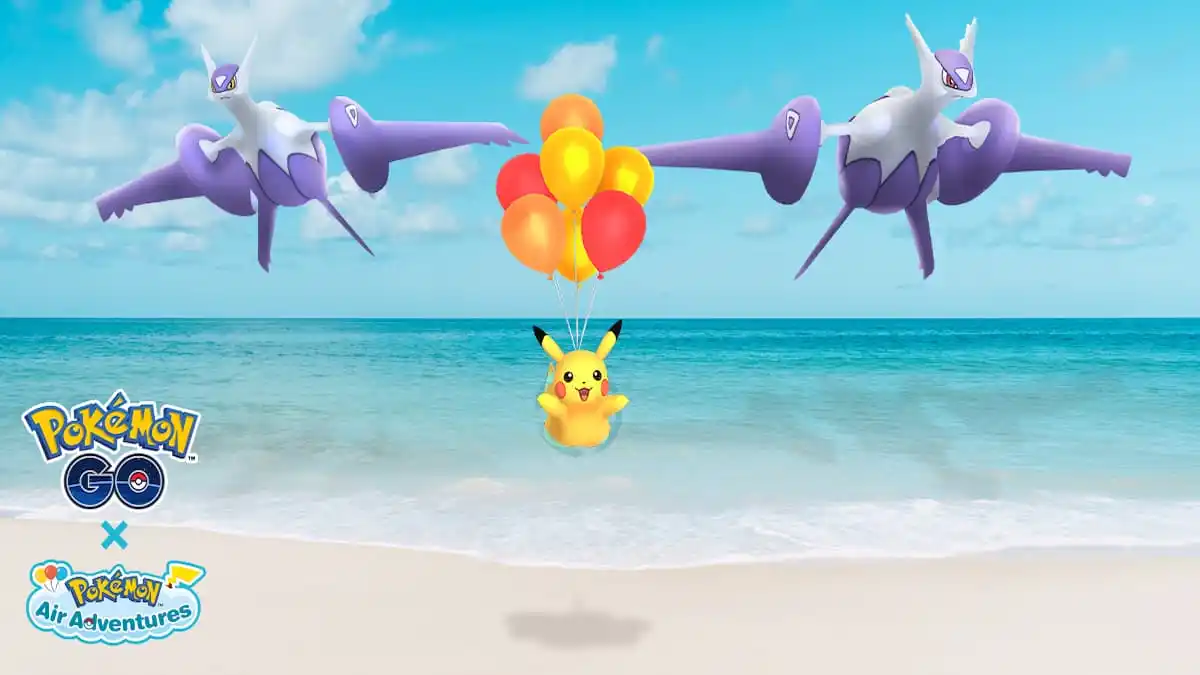 mega latios and latias flying over the beach with flying pikachu