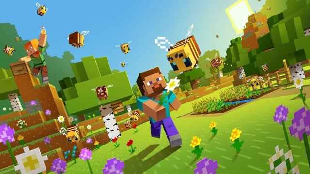 The player character surrounded by bees in Minecraft.