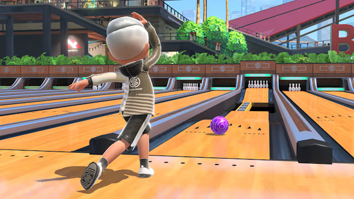 nintendo switch sports screenshot of a character bowling