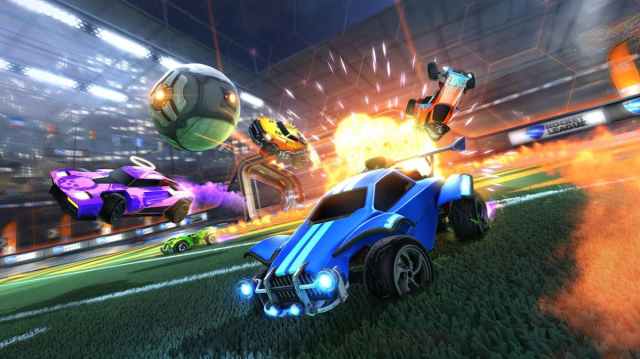 Cars in a match of Rocket League.