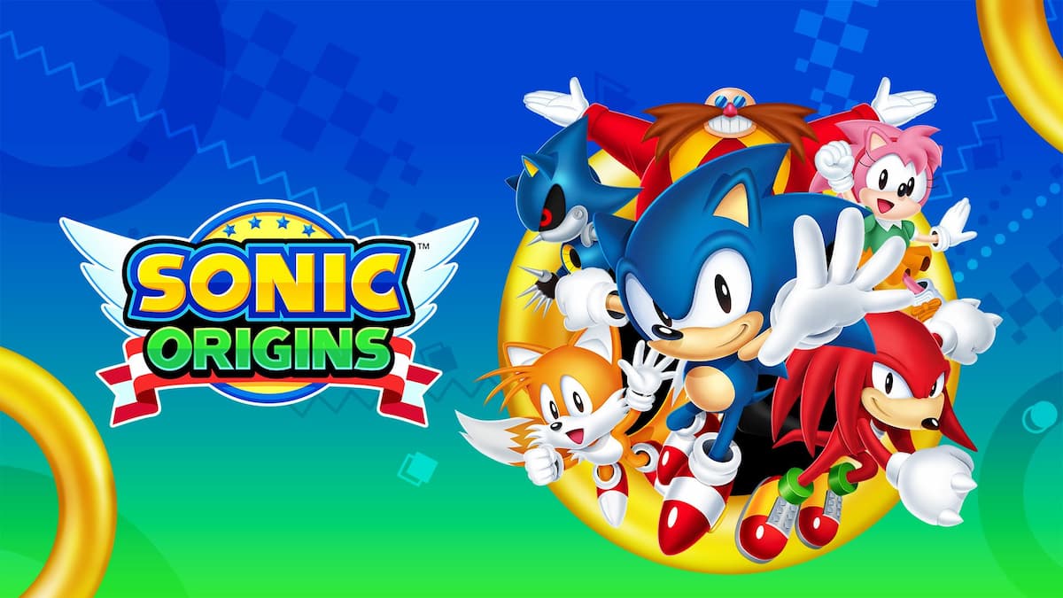 Sonic origins logo to the left of tails, sonic, knuckles, eggman, metal sonic, and amy rose