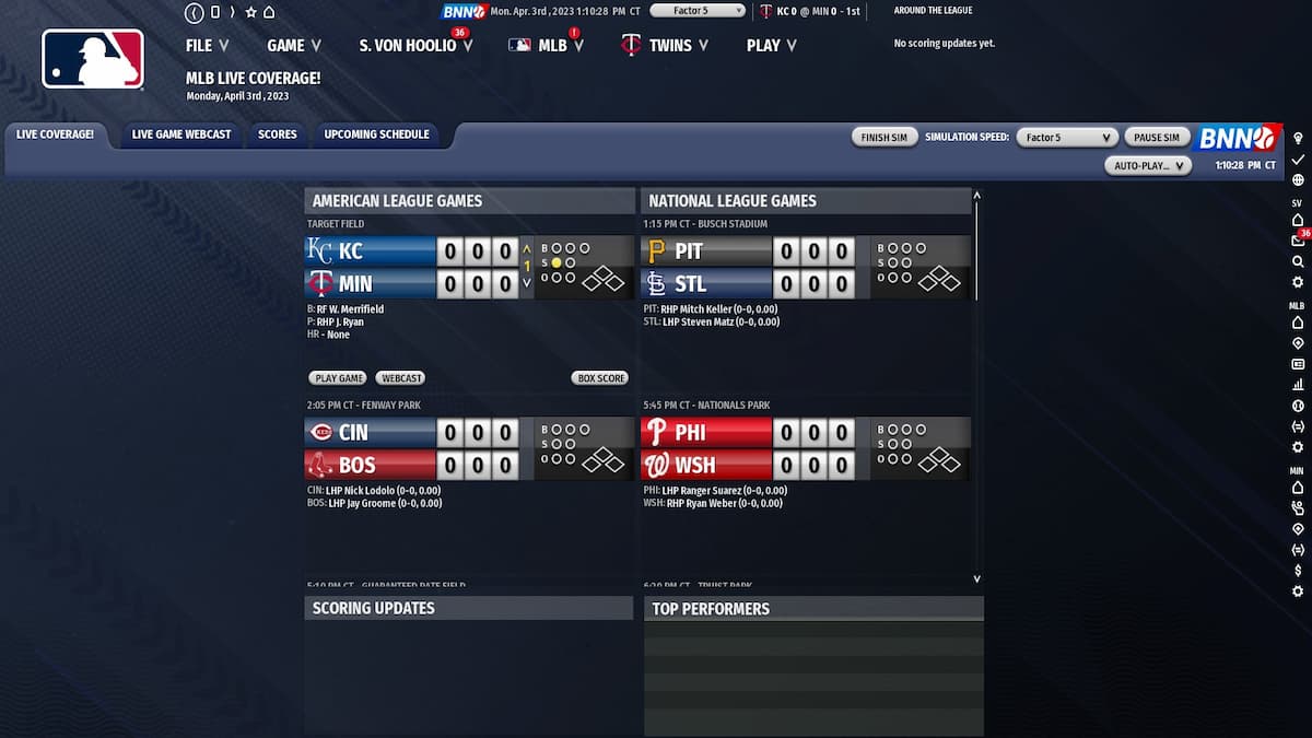 OOTP23 live game view showing twins vs royals, pirates vs cardinals, reds vs red sox, and phillies vs nationals
