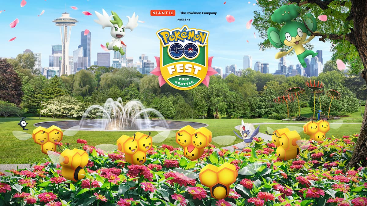 go fest logo with shaymin, combee, and more pokemon