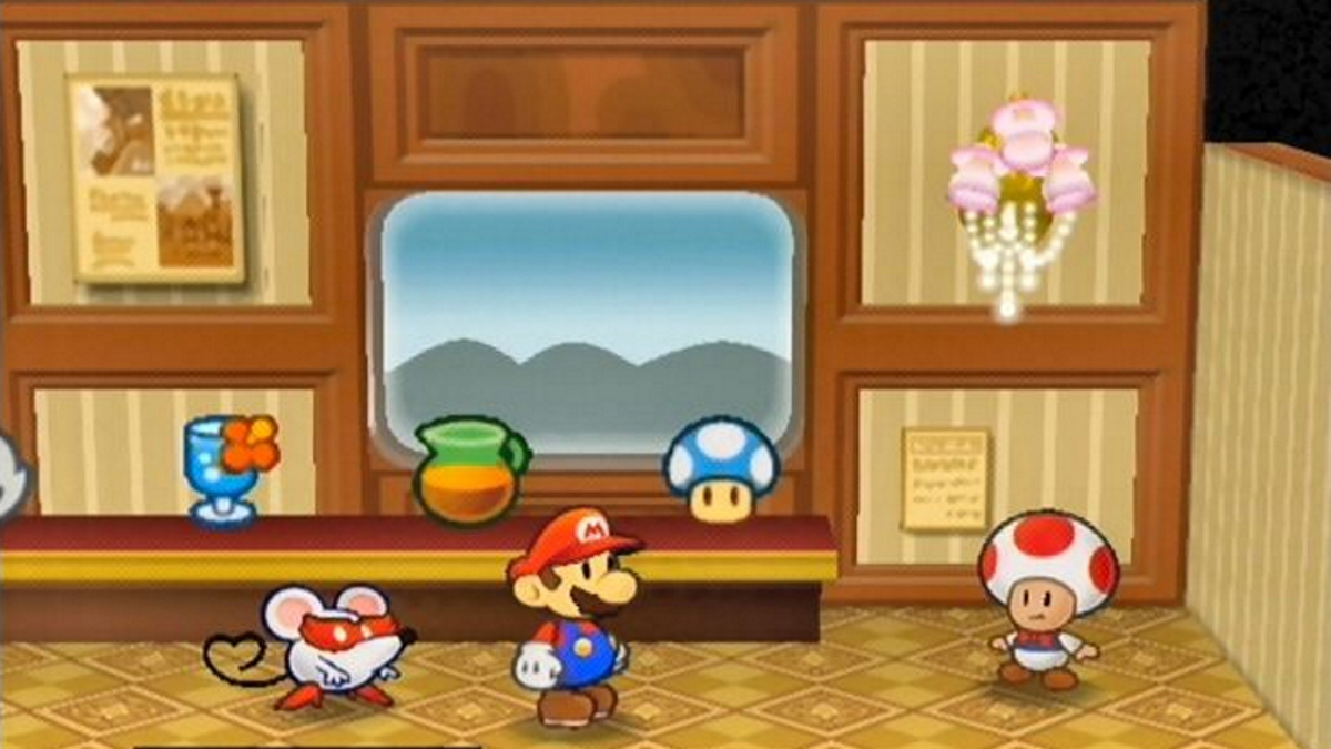 mario standing in a shop with toad as a shopkeeper and a mouse behind him