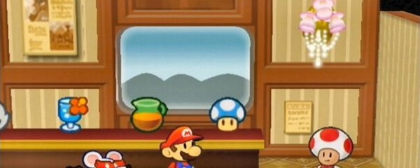 mario standing in a shop with toad as a shopkeeper and a mouse behind him