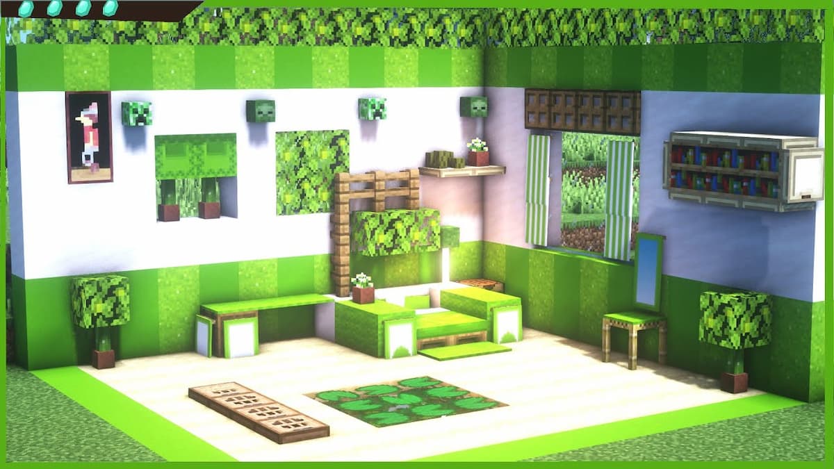 A green themed bedroom