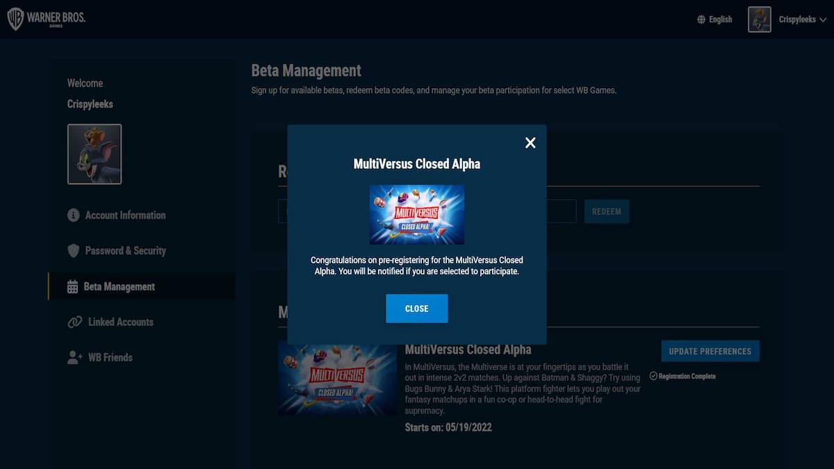 multiversus closed alpha pre-registration success message