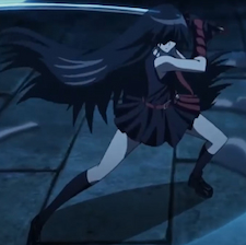 Akame in a skirt holding a katana