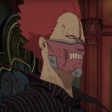 Dorohedoro with red face mask sitting in chair